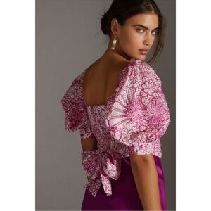 Anthropologie Pink and White Puff Sleeve Tie Front Blouse